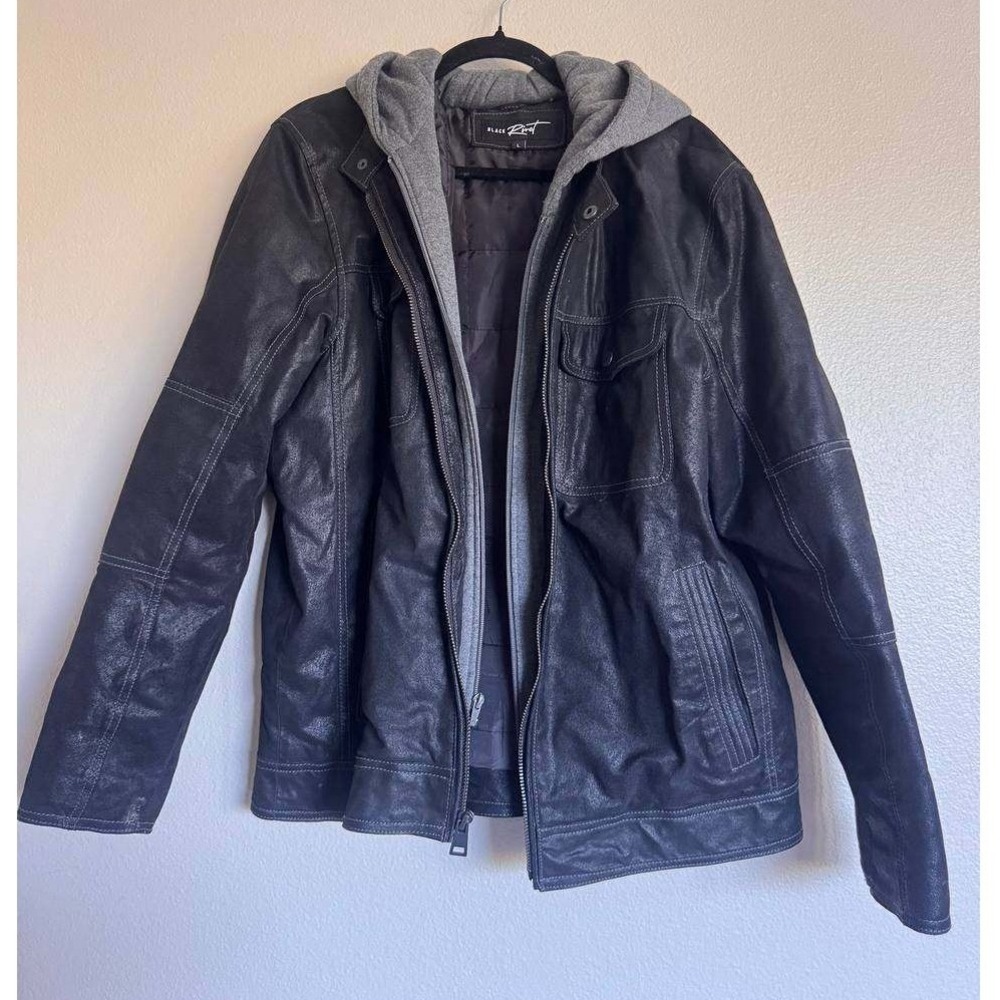 Black Rivet Genuine Leather Jacket Men L Distressed Hood Streetwear Y2K Moto